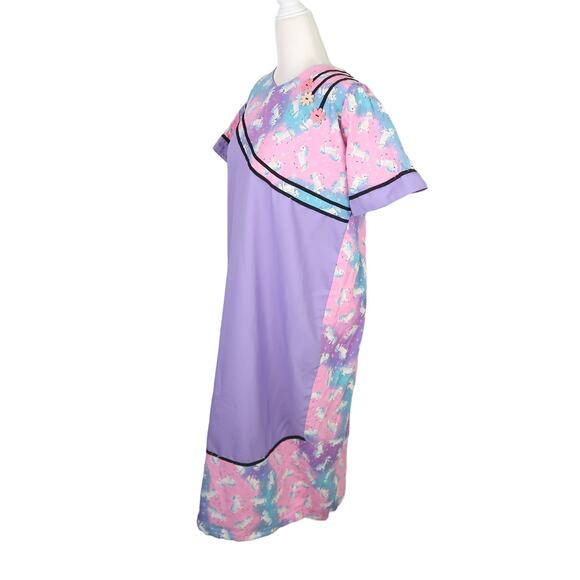 Vintage 80s purple and pink unicorn print muumuu midi dress L - Picture 3 of 6